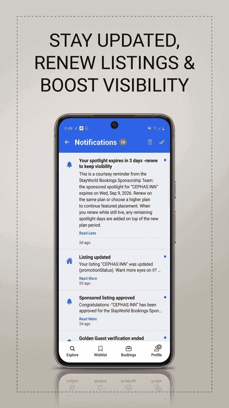 Host notifications for listing updates and sponsored spotlight