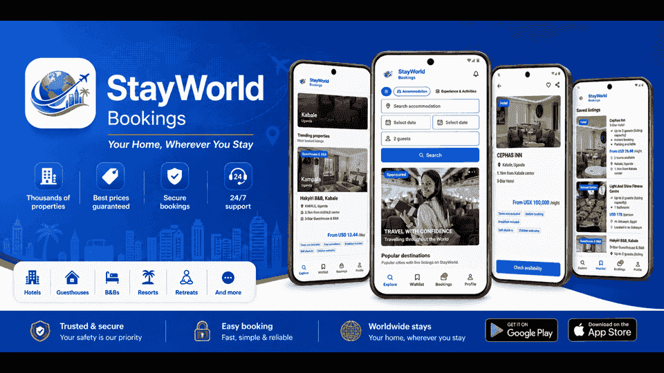 StayWorld Bookings app banner showing search, listings, and saved stays