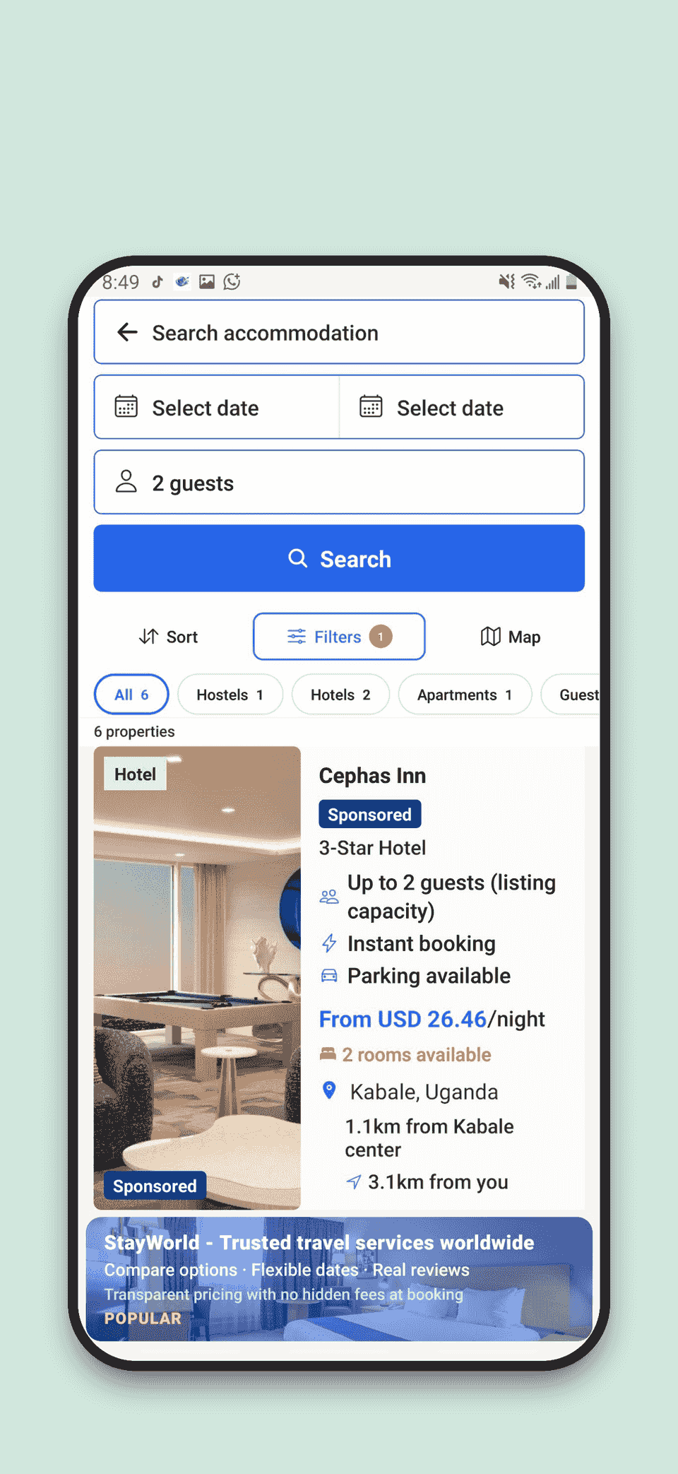 StayWorld Bookings accommodation search results